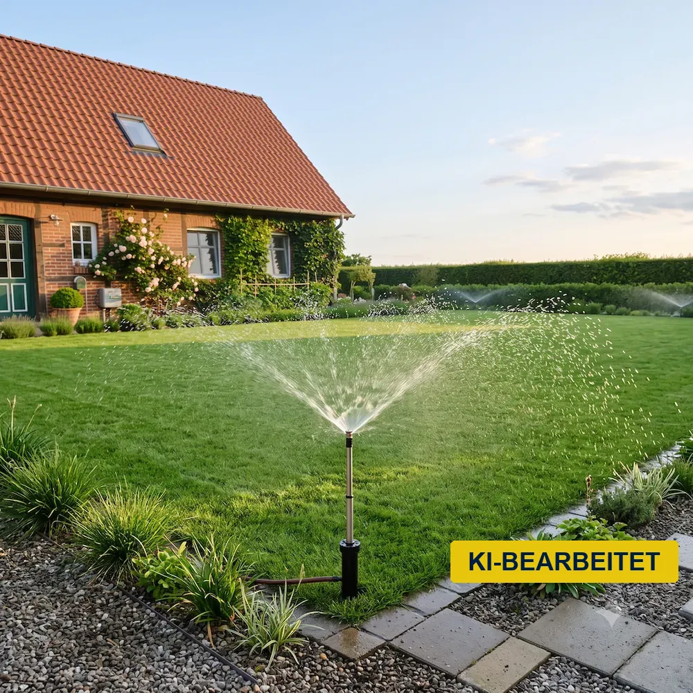 Versenkregner bewässert Rasen vor Wohnhaus