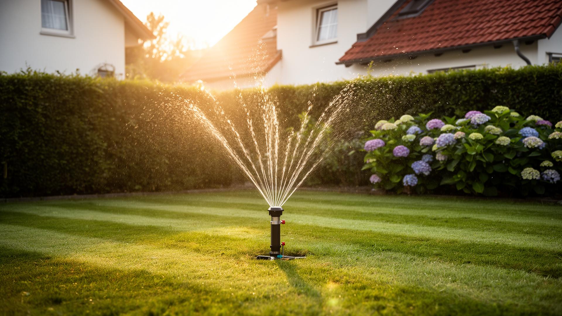 Automatischer Versenkregner bewässert einen Rasen im Abendlicht