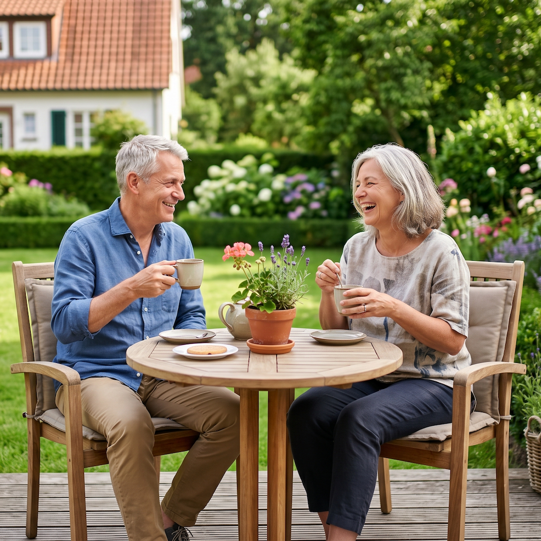 Älteres Paar genießt entspannt die Zeit im gepflegten Garten