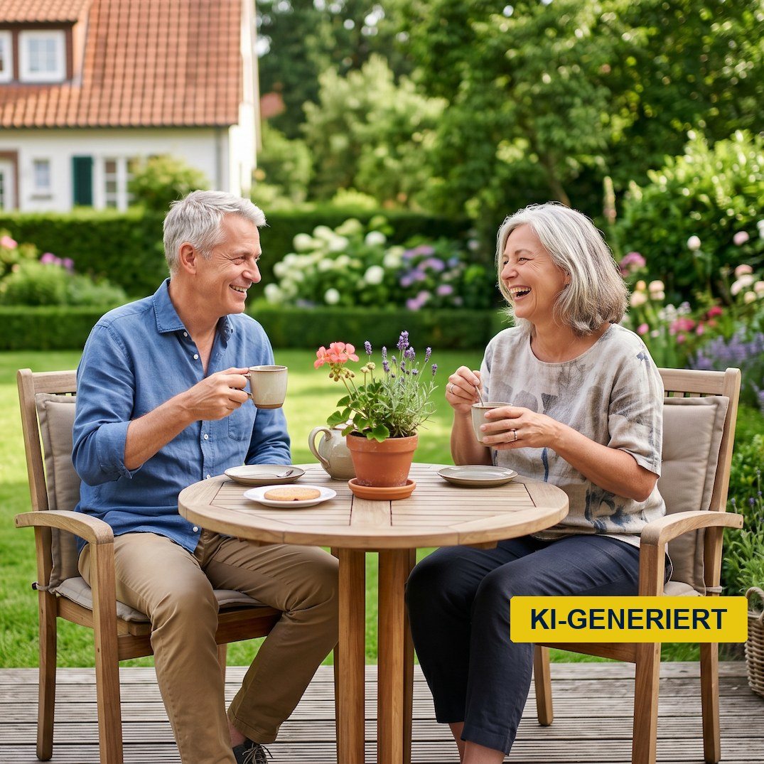 Älteres Paar genießt entspannt die Zeit im gepflegten Garten