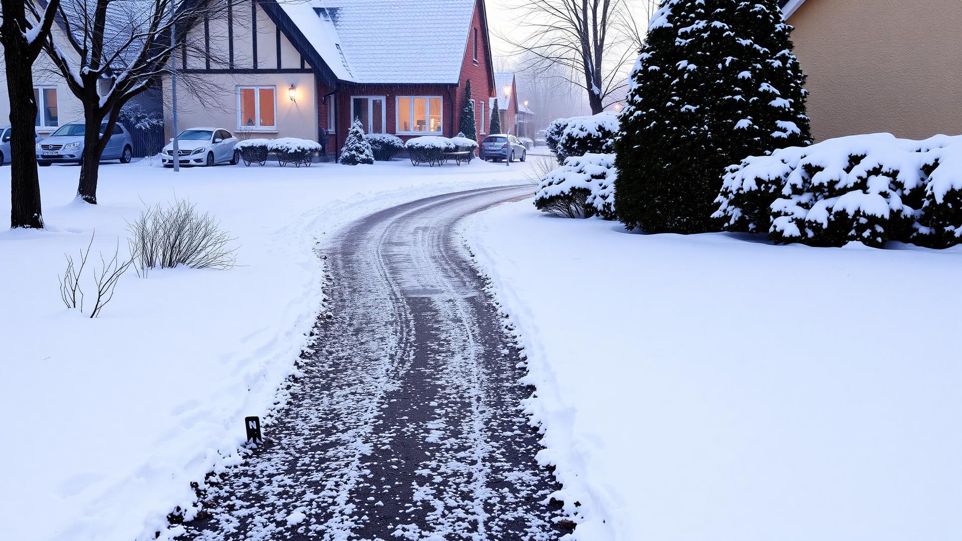 Geräumte und gestreute Einfahrt vor einem Haus in Guben im Winter