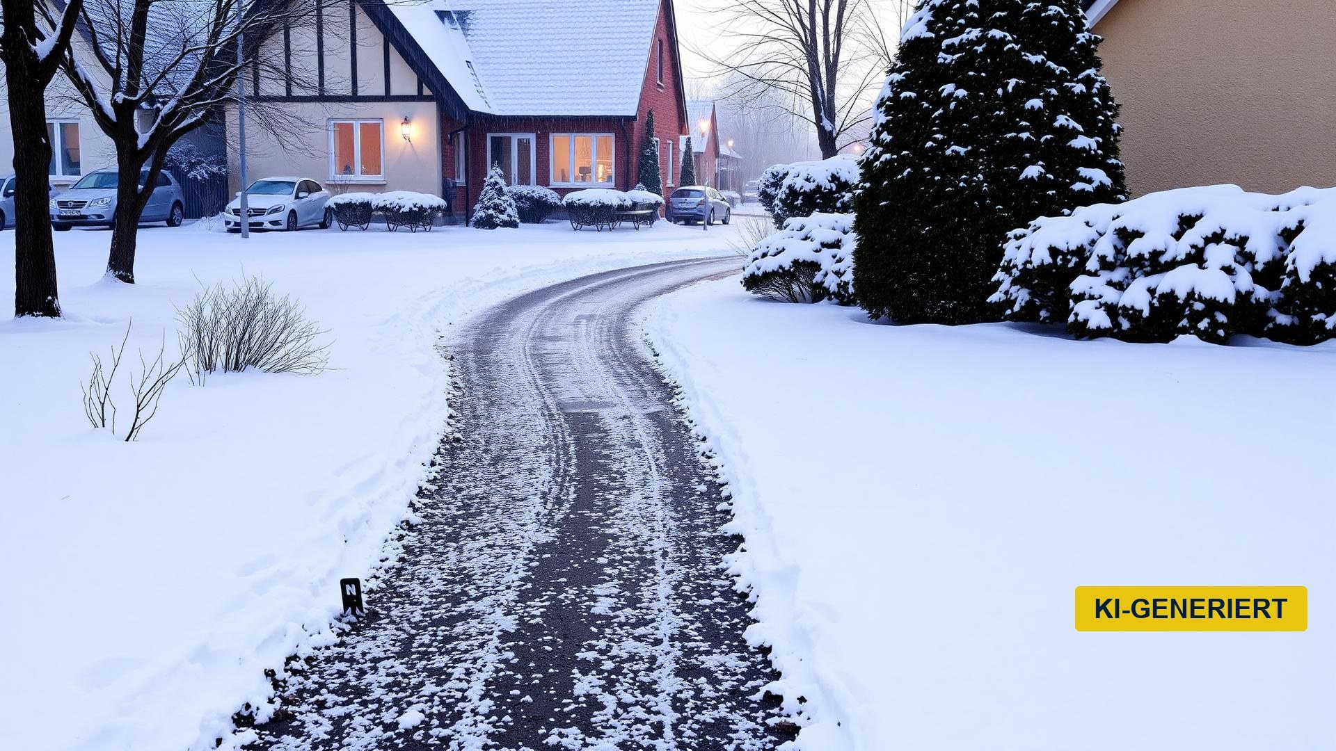 Geräumte und gestreute Einfahrt vor einem Haus in Guben im Winter
